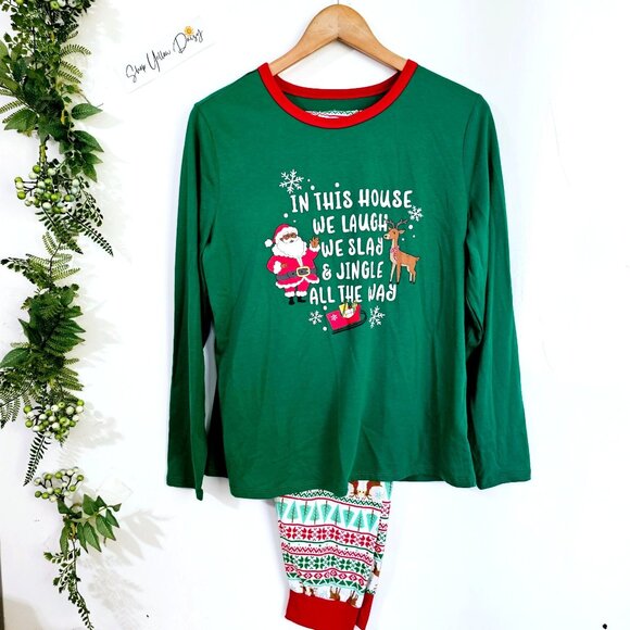 Christmas Pajama‎ Set Long Sleeve Top & Pants Reindeer Santa Womens L ~LS150.15 - Picture 1 of 7